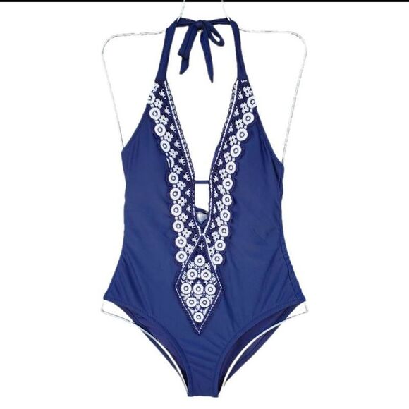 Kona Sol One Piece Swimsuit Navy Embroidered Plunge Bust Strappy Halter S New - Picture 1 of 8